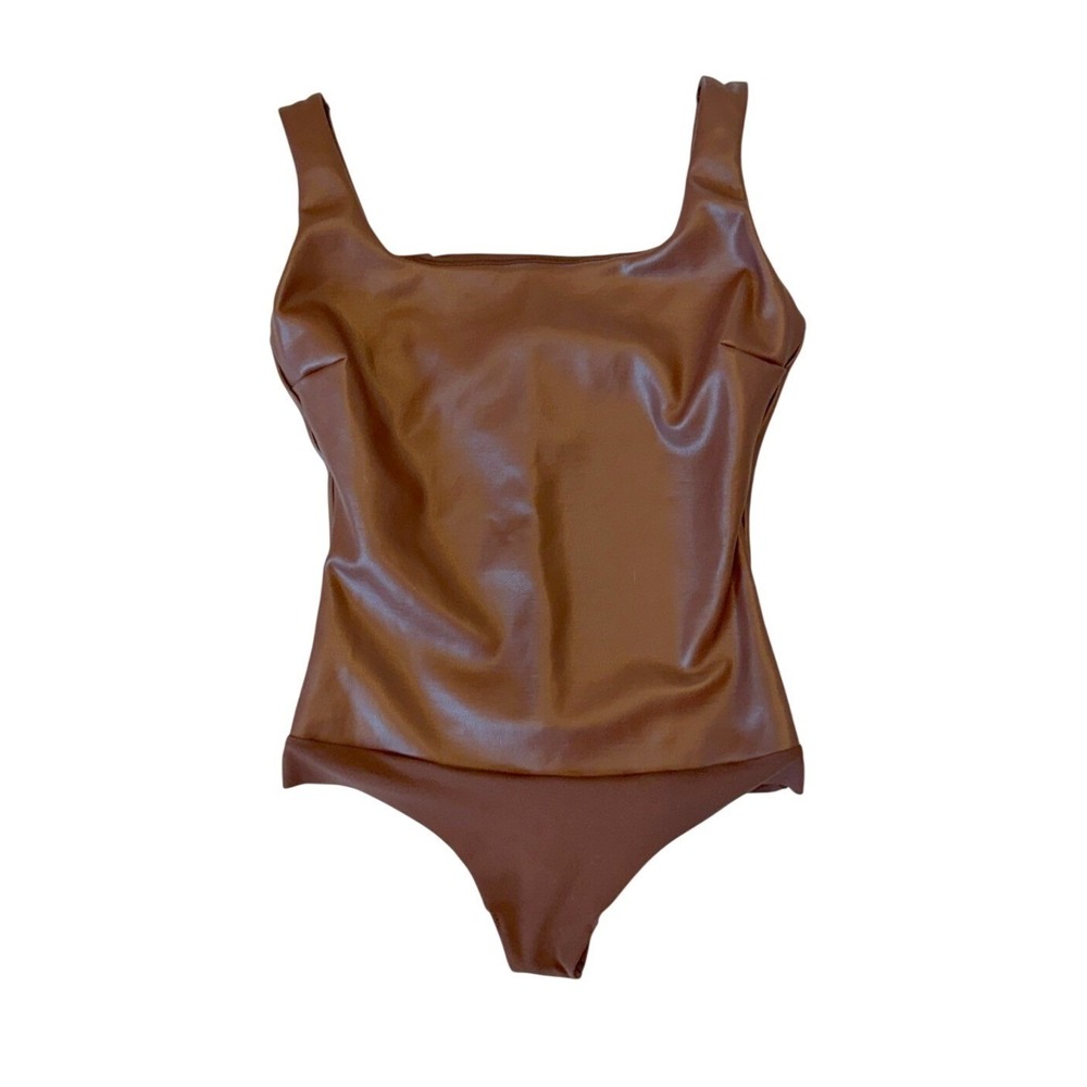 Skims Sz M Chocolate Brown Faux Leather Square Neck Bodysuit Stretchy Minimalist